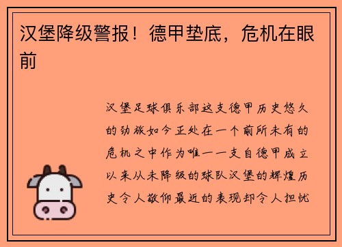 汉堡降级警报！德甲垫底，危机在眼前