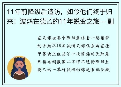 11年前降级后造访，如今他们终于归来！波鸿在德乙的11年蜕变之旅 - 副本