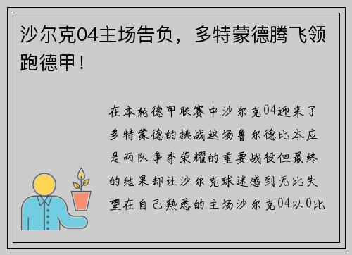 沙尔克04主场告负，多特蒙德腾飞领跑德甲！